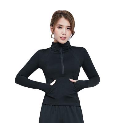 China Breathable Ladies Long Sleeve Sport Fitness Tight Neck T-Shirts Zip Up Gym Shirt Womens With Thumb Holes for sale