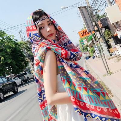 China Ethnic Seaside Vacation Shawl Scarf Polyester Travel Style Silk Scarf Women Spring And Summer Outdoors With Large Printed Gauze Beach for sale