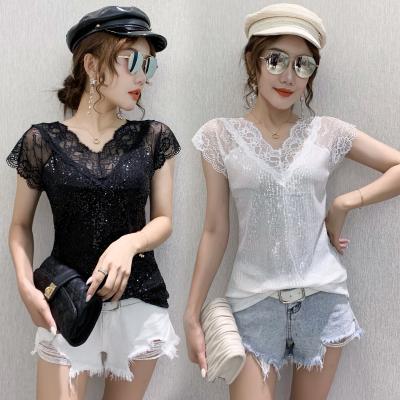 China QUICK DRY Women's T-shirt women's gauze lace v-neck pungent sequined top 2021 summer new sequin design holiday style short sleeve for sale