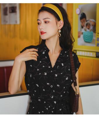 China Summer breathable female mid-length skirt new dress 2021 retro temperament was slim skirt waist black printed skirt for sale