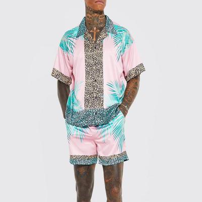 China New Arrival Summer Equipments Mens Satin Leopard Print Tendrils Palm High Quality Shirt QUICK DRY and Swim Shorts 2 Pieces Summer Sets Men for sale