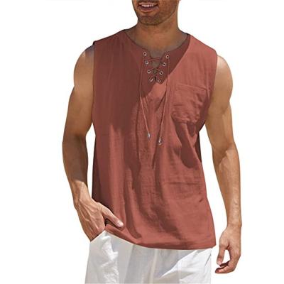 China Anti-Wrinkle Good Quality V Neck Eyelet Drawstring Custom Casual Men's Sleeveless T-Shirts for sale