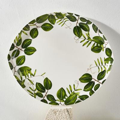 China Sustainable Green Leaf Pattern Dinner Plates New Arrival Dessert Salad Salad Plate Ceramic Serving Dish For Restaurant for sale