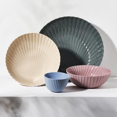 China Modern Nordic Wholesale Sustainable Clay Stripe Ceramic Dinnerware Sets Solid Color Salad Bowl Dining Dishes Sets Tableware for sale