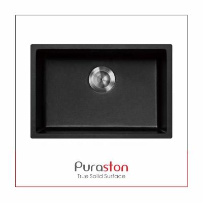 China Faucetless Puraston 27 Inch Black Granite Undermount Bowl Compound Single Kitchen Sink With Perfect Drain for sale