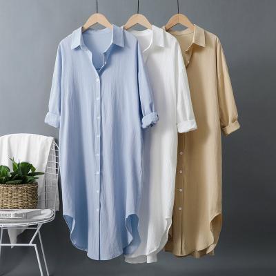 China 2021 Women's Viable Side Off Shoulder Autumn Blouse Casual Outfit Dropped Splits Light Casual Linen Shirt Dress for sale