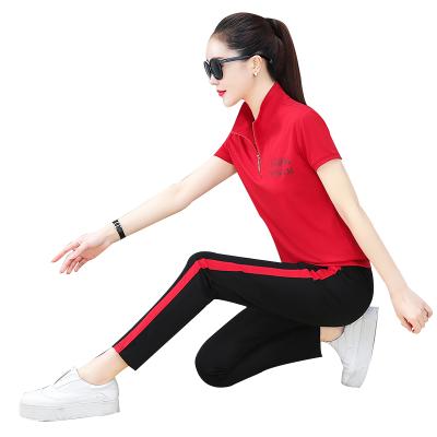 China Custom Logo Short Sleeve Women Two Piece Zipper Long Pants Sets Sport Gym Wear Set for sale