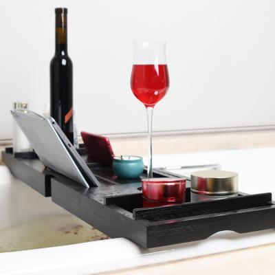 China Glass Sustainable Bathtub Caddy Bath Table, Mobile Phone And Wine Tray Bamboo Holder for sale