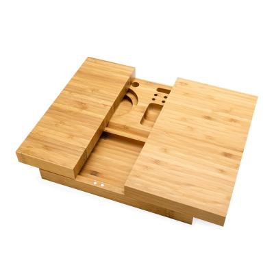 China Triple Flip Rolling Raw Bamboo Magnetic Bamboo Tray with Built-in Ashtray Use for Cigarette and Cigar for sale