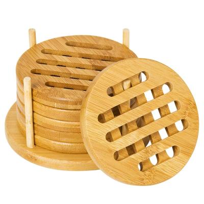 China Sustainable Bamboo Coasters Mug Mat With Stand Kitchen Heat Resistant Pads For Glass Cup Mug Pack Of 6 for sale