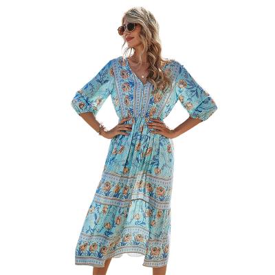 China Casual Long Dress A-line 2021 Bohemian Women's Sundress Summer Dress Beach Skirt Waist Half-sleeve Floral Print Anti-static Women's Dress for sale