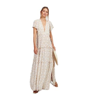 China Women's High-Waisted Casual Sundress Summer Fashion Floral Sundress V-Neck Anti-Static Dress Women's Short-Sleeved Long Dress for sale