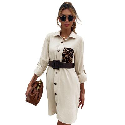 China Autumn 2021 new casual dress leopard lapel dress anti-static print straight pocket loose mid length ladies dress for sale