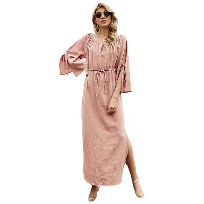 China 2021 Summer Women's Long Dress Solid Color V-Neck Casual Dress Women's Waist Half-Sheathed Elegant Anti-Static Long Dress for sale