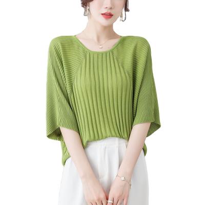 China Anti-wrinkle Summer Women's Cashmere Sweater O-neck Half-wrapped Casual Short Sleeve Knitted Solid Color Pullover Half-wrapped Sweater for sale