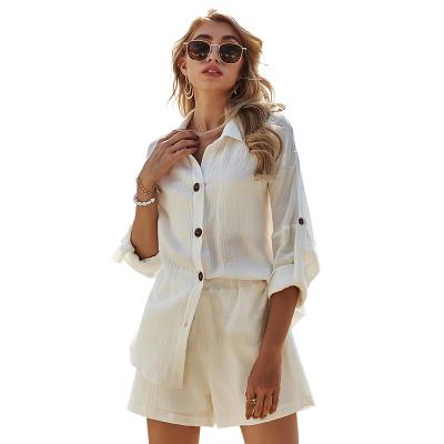 China 2021 Summer QUICK DRY women's casual long sleeve white shirt top cotton and shorts women's canvas new above the knee pant suit crew neck for sale