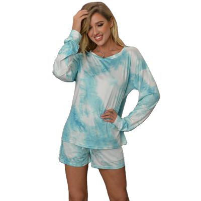 China Summer QUICK DRY Casual 2 Piece Sportswear Women Suit Oversized Tie Dye Sweater Women's Streetwear Ladies Shorts Long Sleeve Suit for sale