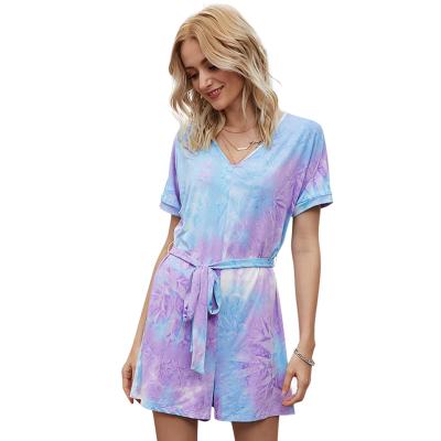 China QUICK DRY Casual Tie Dye Jumpsuit Women's Short Sleeve Shorts V-Neck Jumpsuit High Waist Jumpsuit for sale