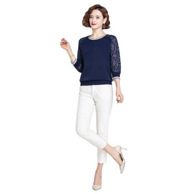 China Anti-wrinkle Summer 7 Stitch Sleeve Knitted Spring And Autumn Pullover Cropped Sweater Lace O-Neck Top for sale