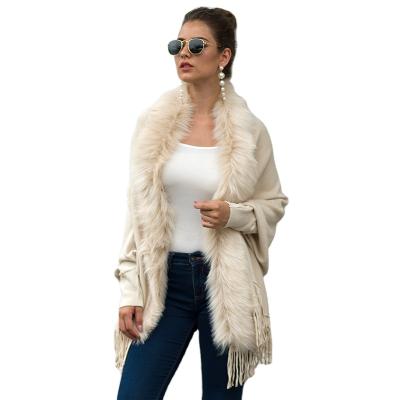 China Faux shawl fur collar coat fall and winter ladies loosely knit shawl cardigan beige women's fashion coat coat for sale