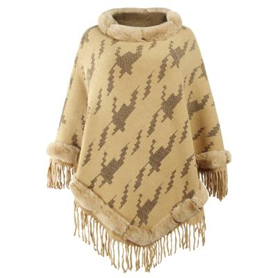 China Knitted shawl autumn/winter high neck women's shawl knitted protect faux fur tassel edge cape scarf for sale