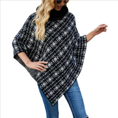 China Shawl Turtle Neck Women's Fur Collar Coat Houndstooth Knitted Sweater Sweater Coat Shawl for sale