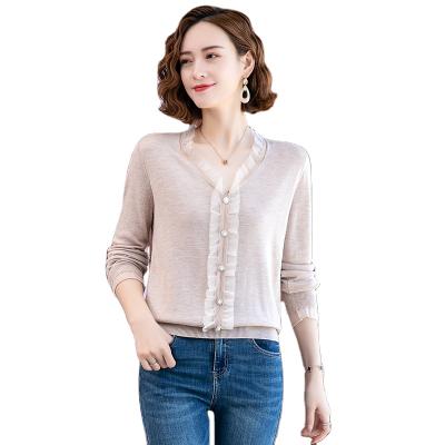 China Hot Sale Latest Selling V-Neck Women's Sweater Women's Pearl Ruffled Parride Cashmere Sweater High Quality Cloth Sweater for sale