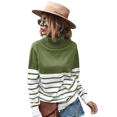 China New Autumn Women's High Collar Stripe Sweaters Anti-Shrink Sweaters Warm Minimalist Color Matching Lady Knitted Loose Pullover for sale