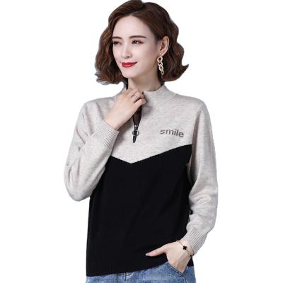 China Anti-wrinkle women's zipper sweater 2 color stitching loose pullover women's fashion autumn and winter warm top neck knitted sweater for sale