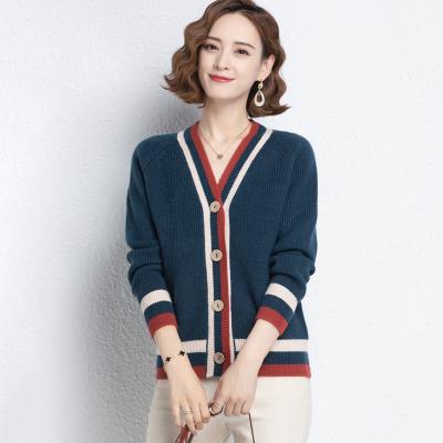 China Wholesale Knitted Anti-wrinkle Women Spring Autumn New Fashion Female Clothing Contrast ColorV-neck Sweater Cardigan for sale