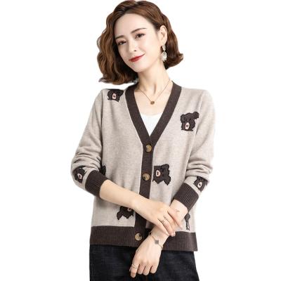 China 2021 Women's Sweater Autumn/Winter New Anti-wrinkle Cardigan Bear Pattern V-Neck Button Ladies Knitwear for sale