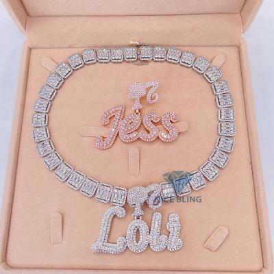 China CZ FASHIONABLE custom chain necklace baguette jewelry women and men bling name letter necklace for sale