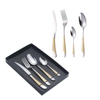 China Viable Luxury Royal Design Gold Spoon Knife Fork Knife Flatware Hotel Restaurant Stainless Steel Stainless Steel Cutlery Set With Gift Box for sale