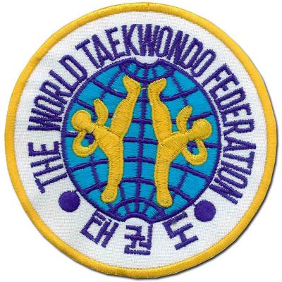 China Durable and 3D Sew On and Iron On Type Clothing Labels World Taekwondo Custom Federation Embroidered Badge Patch For Uniform for sale