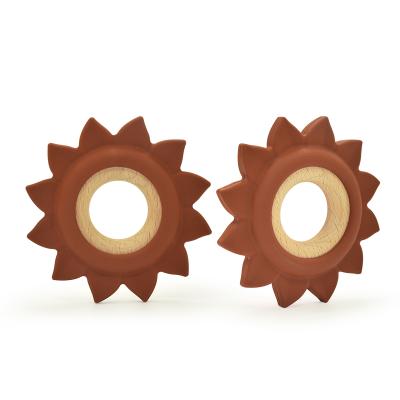 China Non-Toxic Natural Beech Sun Shape Wooden Baby Silicone Teether Ring Toy for sale