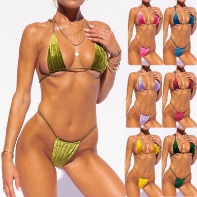 China Breathable New Design Velvet Solid Color Sexy Gold Lace Up Bikini Set Swimsuit Women Swimwear for sale