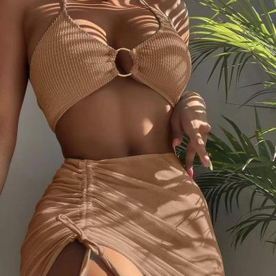 China Breathable New Design Solid Color Sexy Halter Beach Bikini Set 3 Piece Swimsuit Women Swimwear for sale