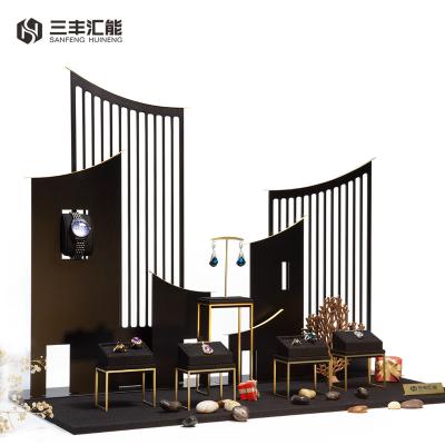 China Luxury Elegant Custom Made Metal Jewelry Display Stand Velvet Earring Jewelry Display Rings Window Display Props for sale