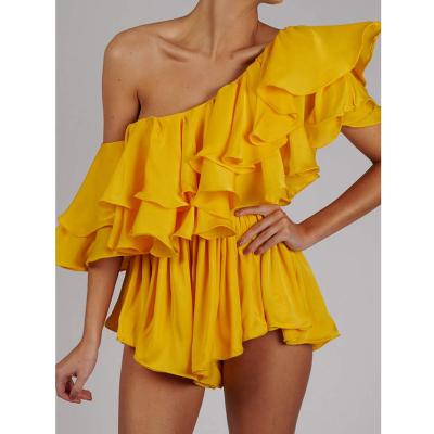 China Summer Gold One Shoulder Dress 2022 Solid Color Anti-Static Ruffles Short Sleeve Women Short Mini Prom Dresses 2022 for sale