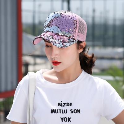 China Colorful Unisex COMMON Hip Hop Covers Summer Reflective Breathable Outdoor Mesh Sequin Baseball Caps Bling Trucker Sun Hat Women for sale