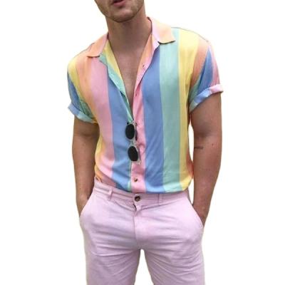 China Spring Stripe Print Mens Spring Stripe Print Anti-Shrink Cotton Short Blends Summer Fitted Breathable Casual Shirt for sale