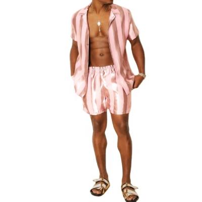 China QUICK DRY men's polyester contact spring and summer stripe silk top and original basic dress short home set for sale