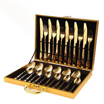 China Sustainable 24 Pcs Gold Flatware Sets With Wooden Box Restaurant Food Grade Stainless Steel Cutlery Set for sale