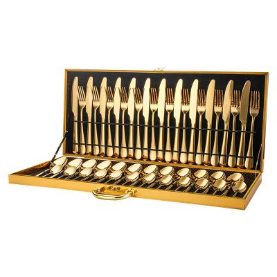 China 48 PCs Knife Fork Spoon Reusable Reusable Wedding Gift Flatware Gold Set With Wooden Box Stainless Steel Cutlery Set for sale