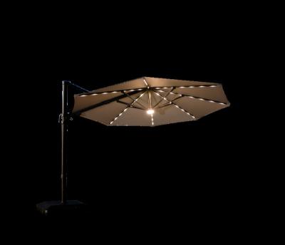 China Modern Commercial UV Resistant Outdoor Patio Cantilever Umbrella Offset Hanging Garden Cafe Umbrellas With Solar Power Lights for sale