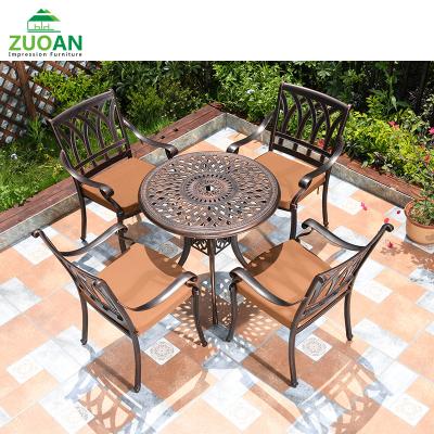 China Weather Resistant Outdoor Patio Garden Cast Aluminum Furniture Round Table Bistro Dining Chair Set for sale