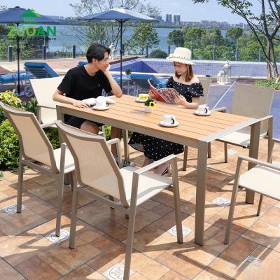 China Waterproof garden teak table top outdoor dining wooden dining table with waterproof rattan armchair teslin frame aluminum chair for sale