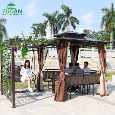 China Outdoor Garden Gazebo 3x3m Patio Weatherproof PVC Double Canopy Waterproof Metal Gazebo With Swing Table Set for sale