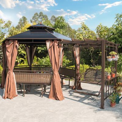 China Weather Resistant Outdoor Garden Park Hard PC Roof Pavilion Gazebos Tent with Pergola Swing Chairs Set for sale