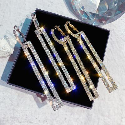 China Silver Fashion Exaggerated Earring TRENDY Diamond Rectangular Earrings Long Full Needle Diamond Earrings For Woman for sale